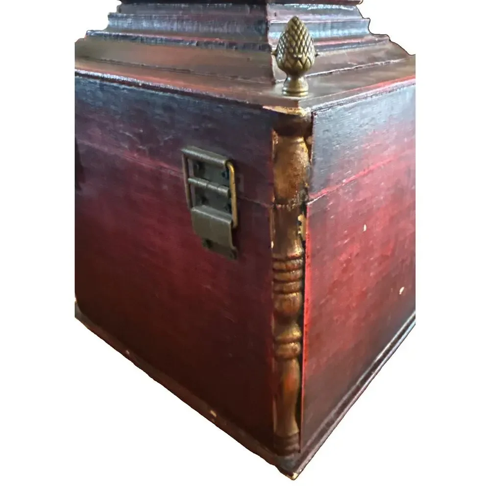 Vintage Red Wooden Keepsake Box Brass Handle Acorn Finials Lined 9in X 9in X 7in
